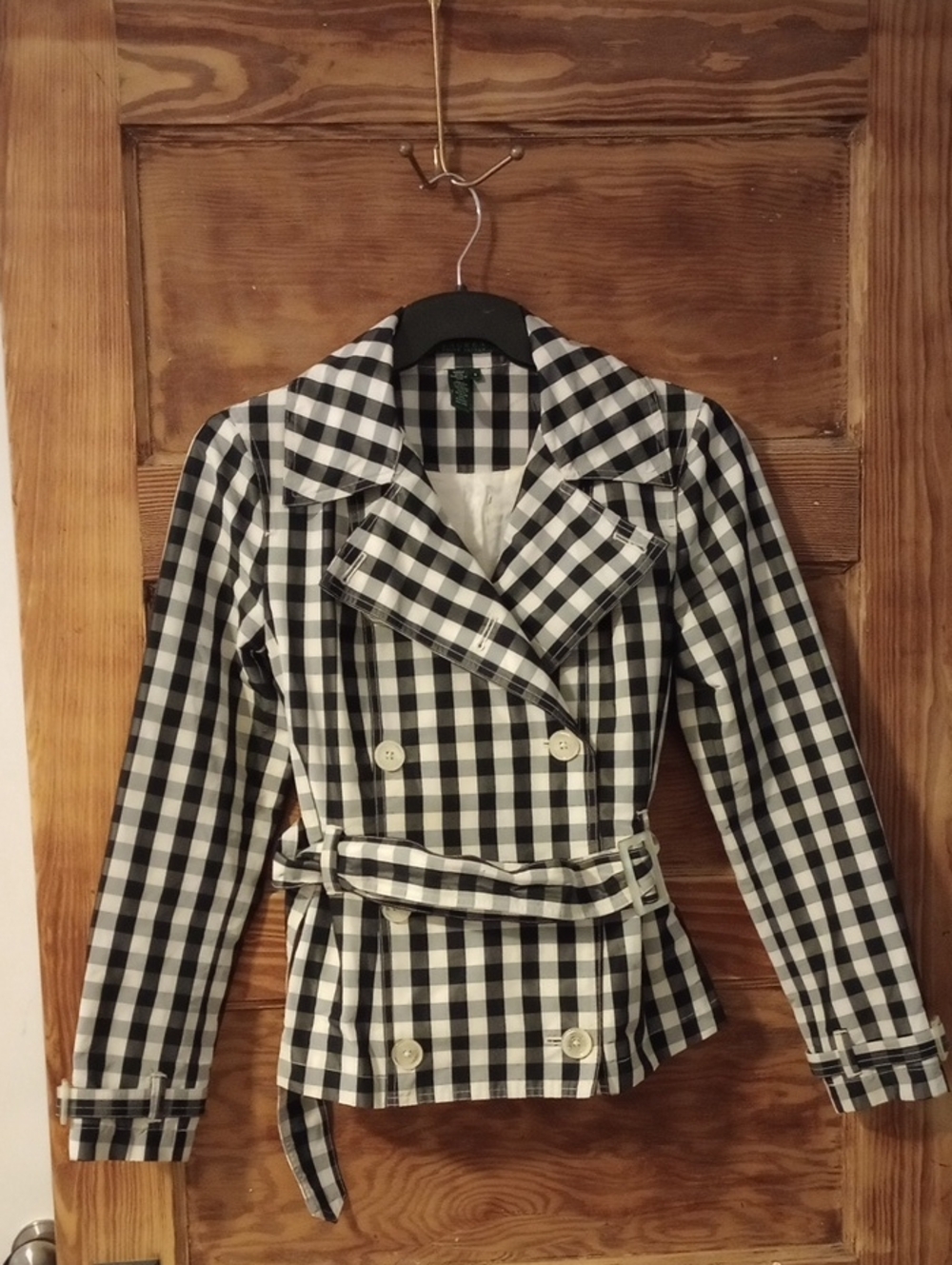 Ralph Lauren Black and White Gingham Double-Breasted Trench Style Rain Jacket